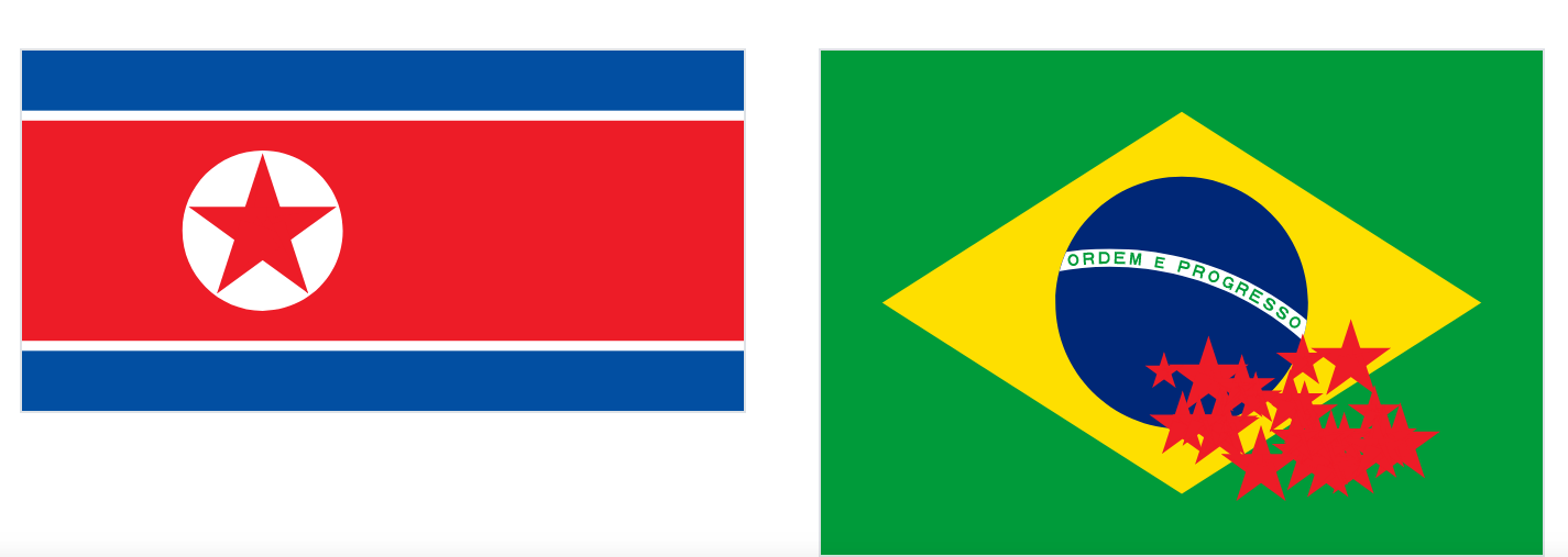 North Korea vs Brazil flags, with Brazil rendered very incorrectly